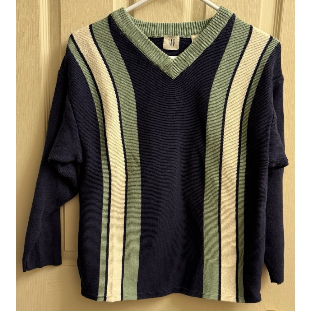 VTG 90s GAP V-Neck Cable Knit Sweater Preppy Blue/ Green Cotton Kids Large Rare